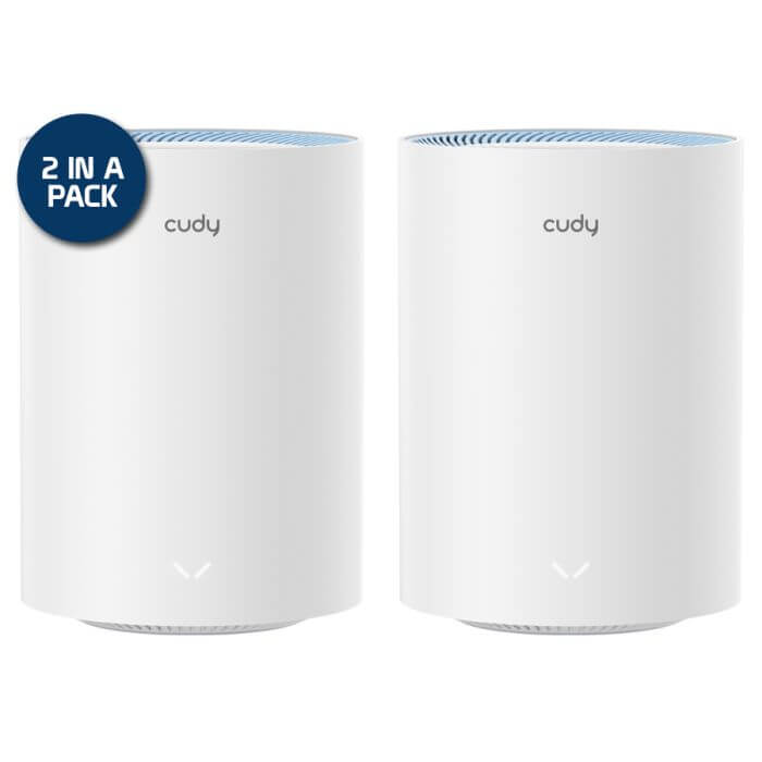 Cudy M1200 Dual Band 1200Mbps WiFi 5 Mesh Router 2-Pack showcasing two routers with a sleek design.