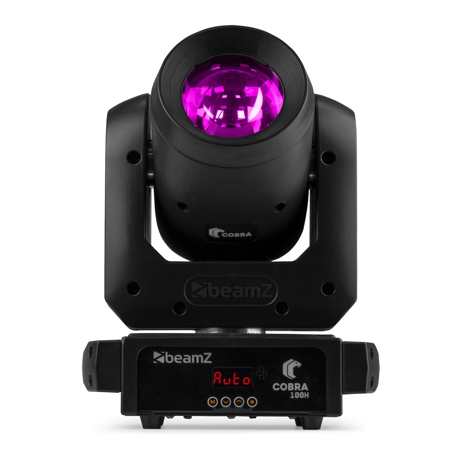 Front view of the Cobra 100H LED Beam Moving Head - 7 gobos, 7 colors, high-intensity LED, rotatable 6-facet prism in Pink.