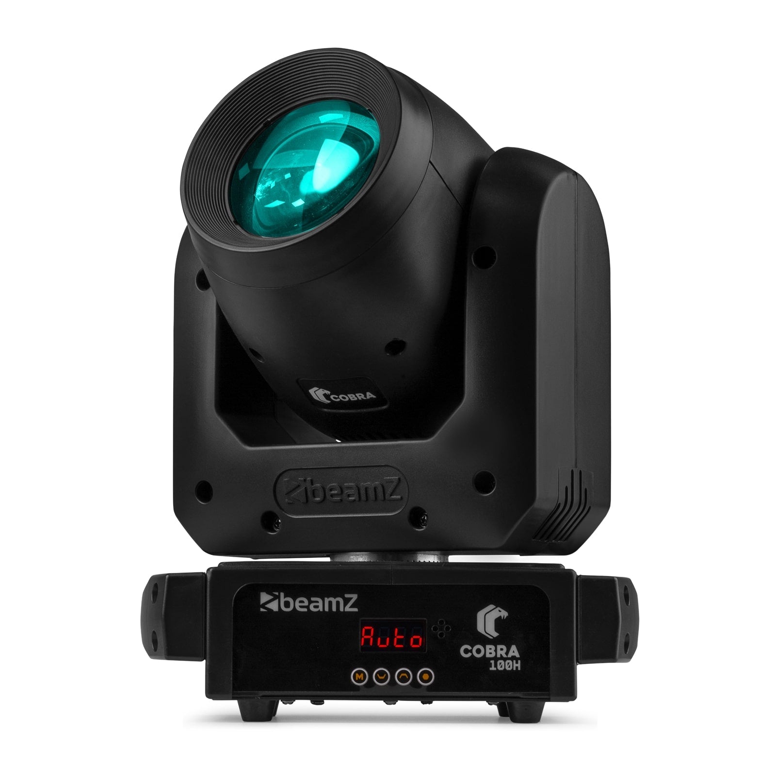 Front view of the Cobra 100H LED Beam Moving Head - 7 gobos, 7 colors, high-intensity LED, rotatable 6-facet prism in Cyan/Light Blue.