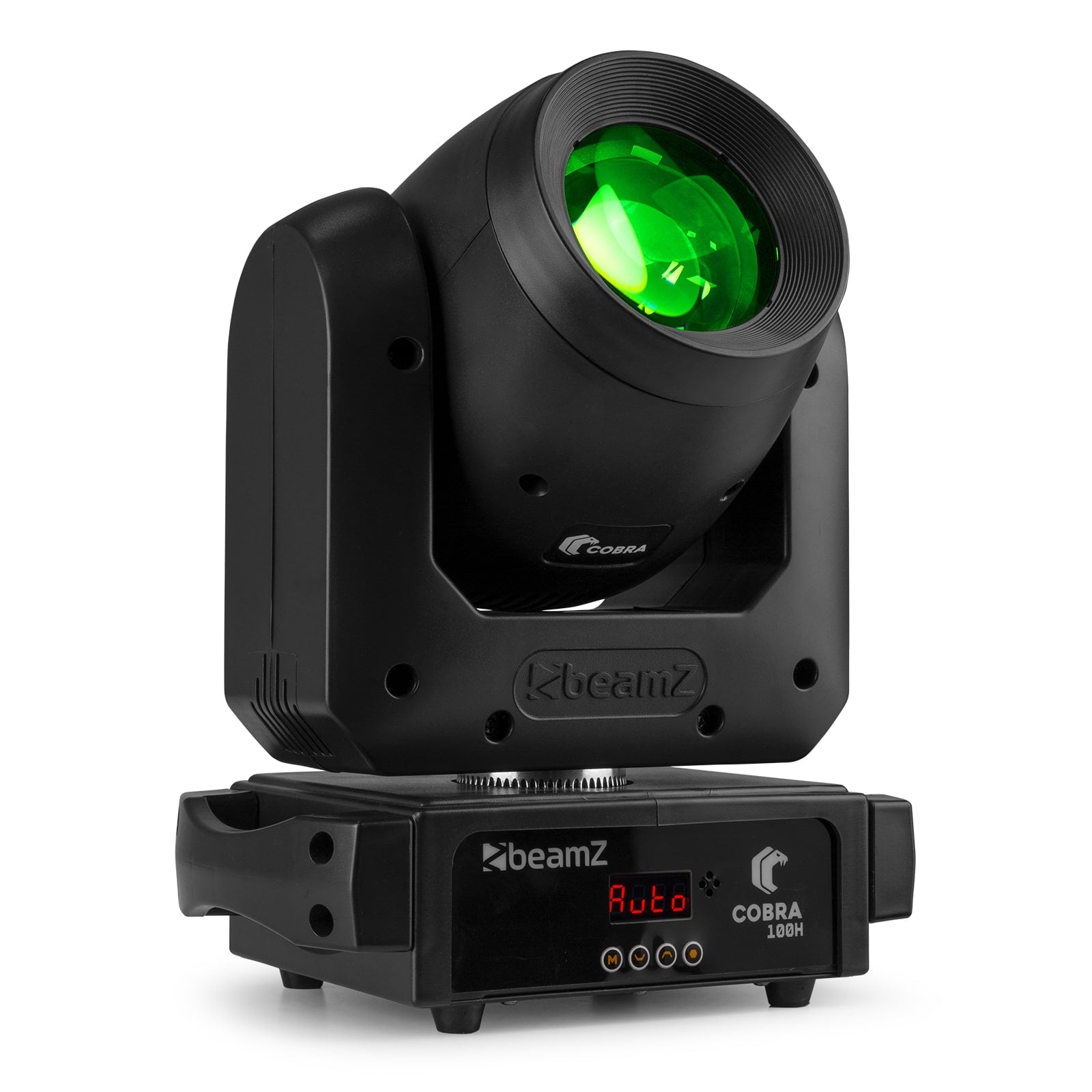 Front view of the Cobra 100H LED Beam Moving Head - 7 gobos, 7 colors, high-intensity LED, rotatable 6-facet prism in Green.