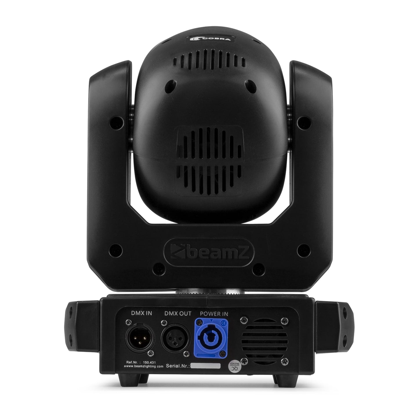 Back view of the Cobra 100H LED Beam Moving Head - 7 gobos, 7 colors, high-intensity LED, rotatable 6-facet prism.