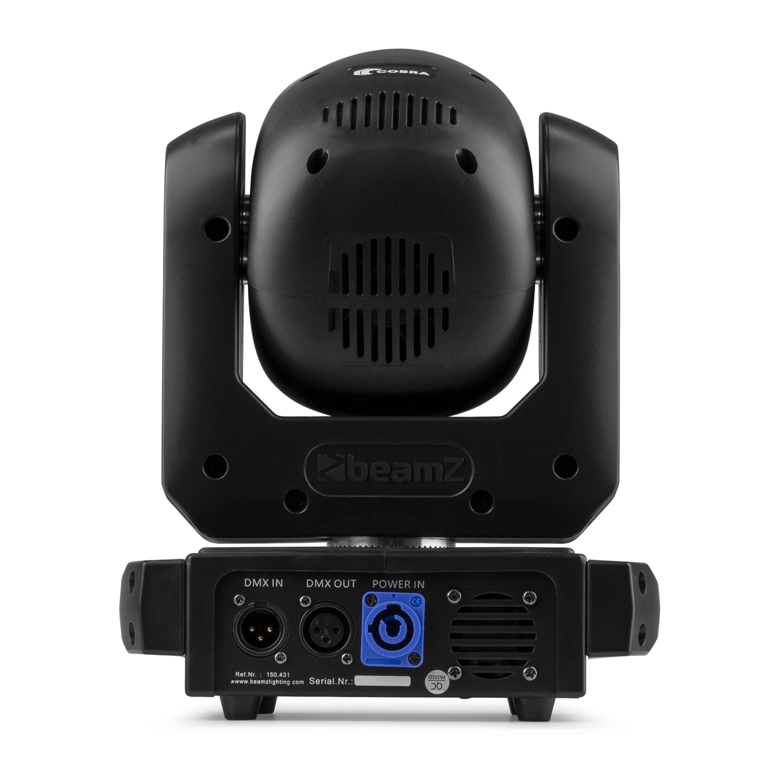 Back view of the Cobra 100H LED Beam Moving Head - 7 gobos, 7 colors, high-intensity LED, rotatable 6-facet prism.