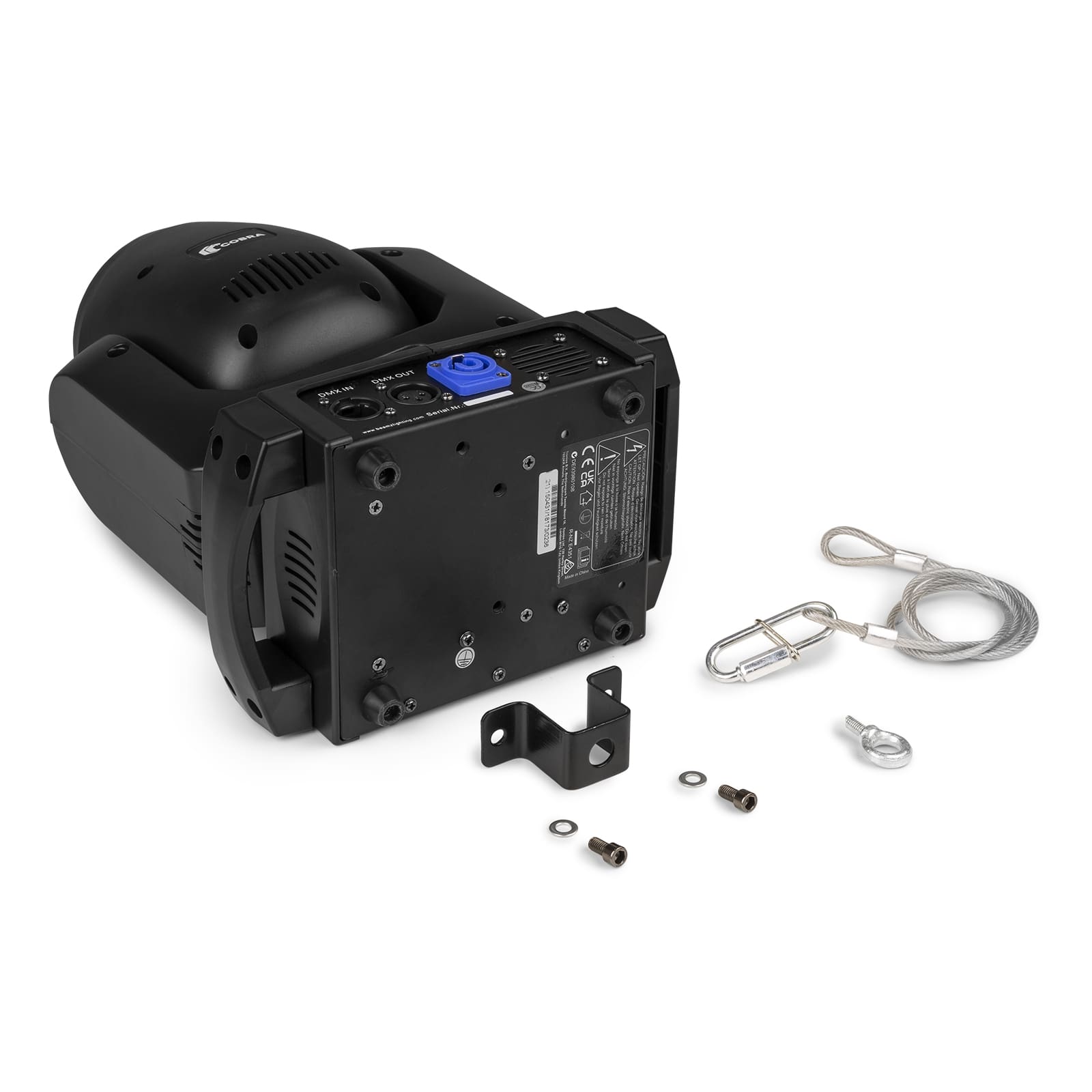 Top view of the Cobra 100H LED Beam Moving Head - 7 gobos, 7 colors, high-intensity LED, rotatable 6-facet prism with mounting brackets and safety cable.