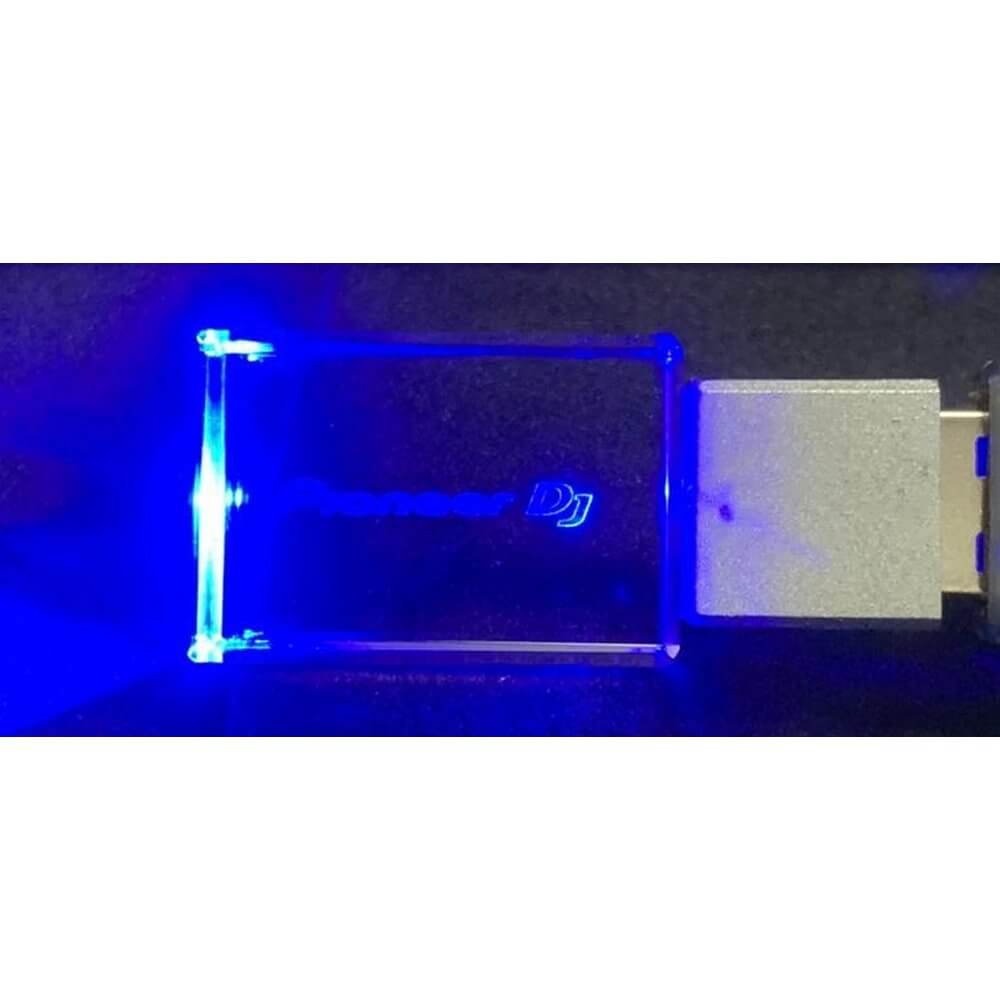 Pioneer Crystal USB 32GB USB 3.0 Flash Drive featuring a blue LED and Pioneer DJ logo.