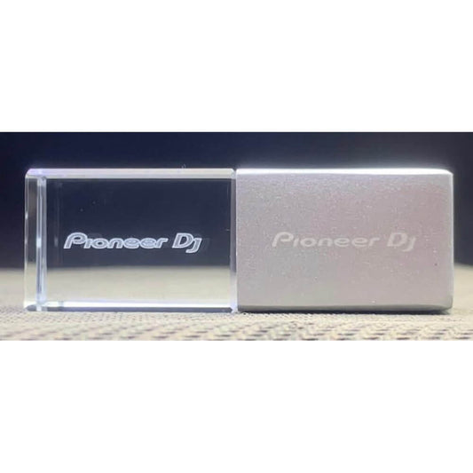 Pioneer Crystal USB 32GB USB 3.0 Flash Drive featuring a blue LED light and Pioneer DJ logo.