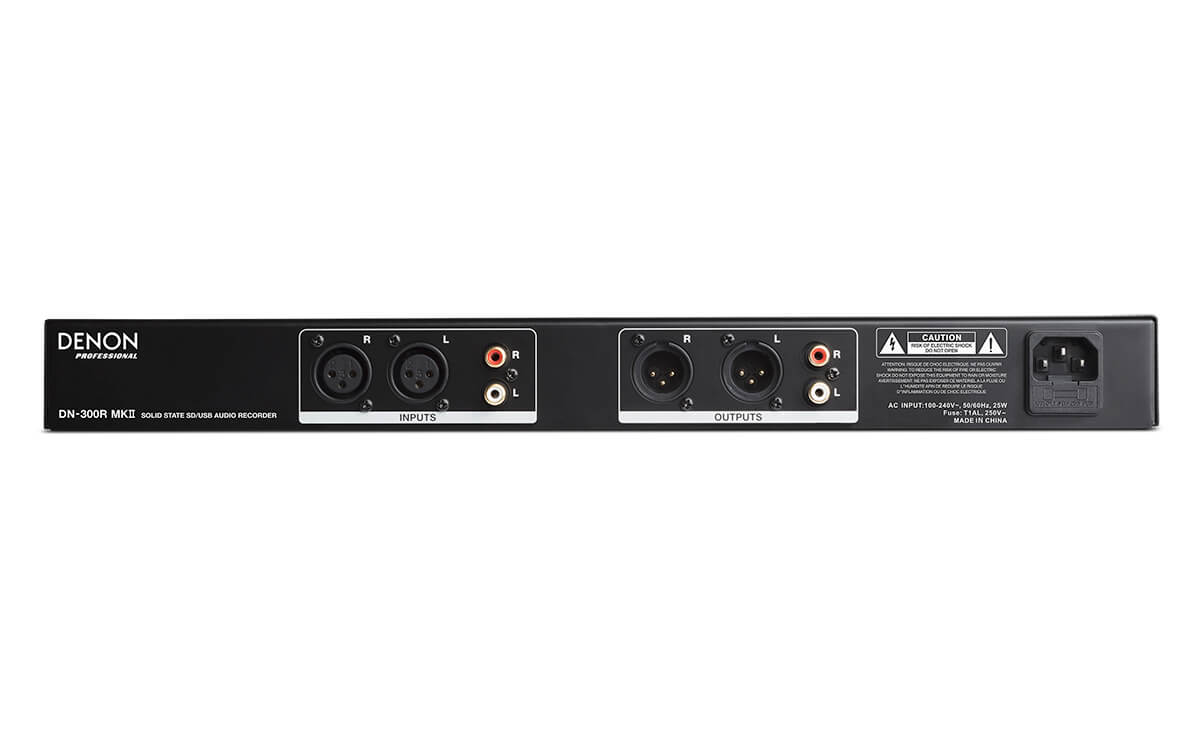 Rear view of the Denon DN-300R MKII audio recorder showcasing its solid-state design and connectivity options.