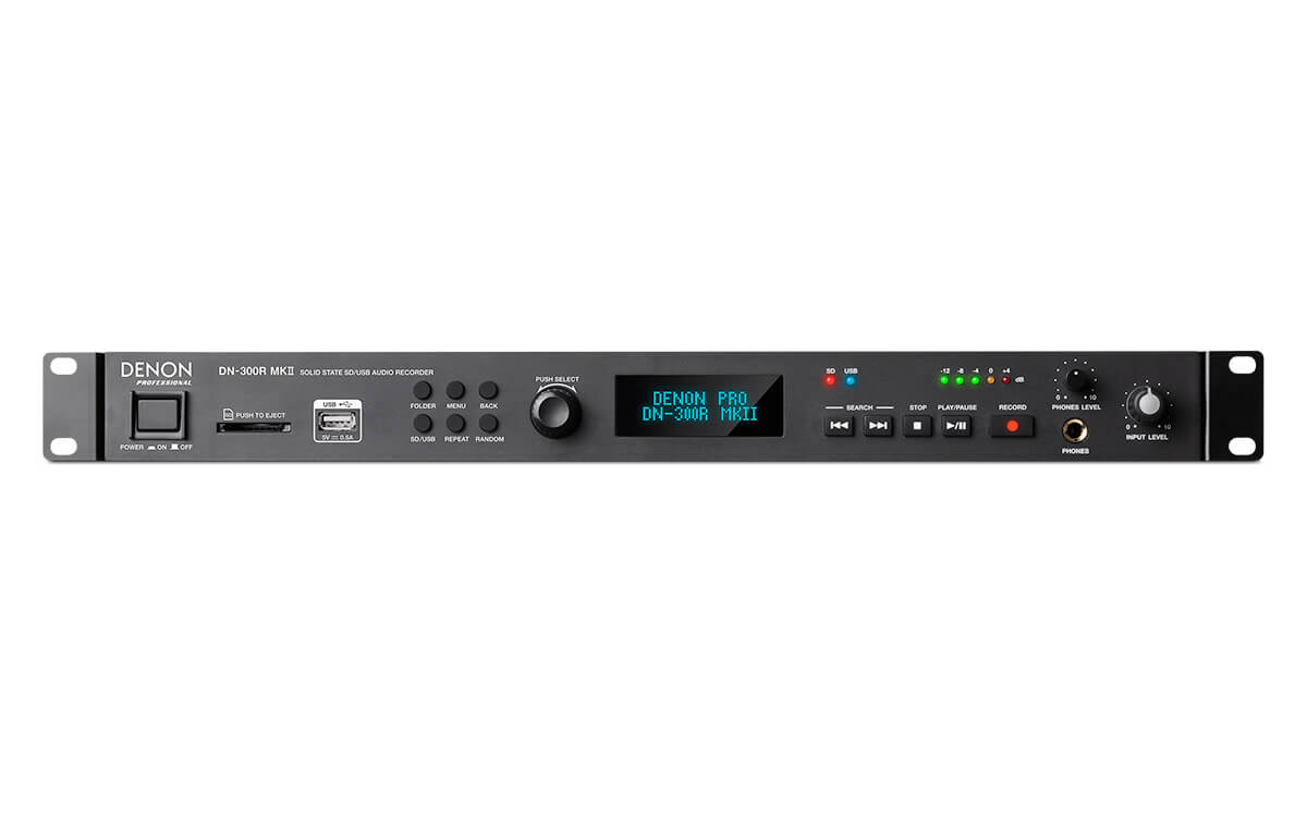Denon DN-300R MKII audio recorder, a 1U solid-state device designed for SD and USB recording with features for simultaneous recording and safety track.