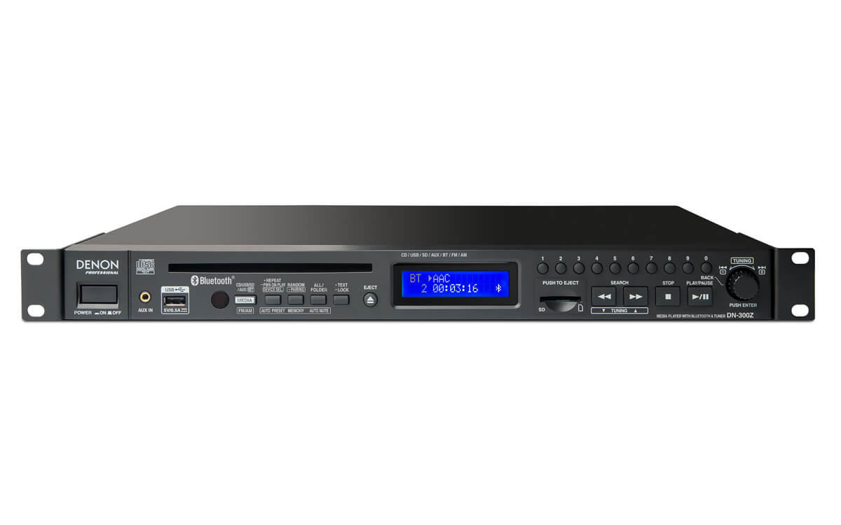 Denon DN-300Z media player featuring a front view with CD, USB, SD/SDHC, Bluetooth, and AM/FM tuner capabilities.