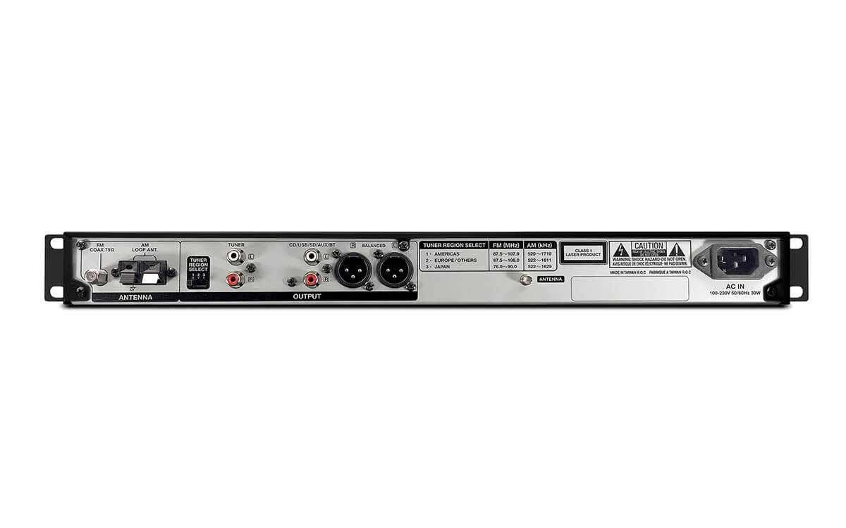 Denon DN-300Z 1U media player rear view showcasing CD, USB, SD/SDHC, Bluetooth, and AM/FM tuner connections.