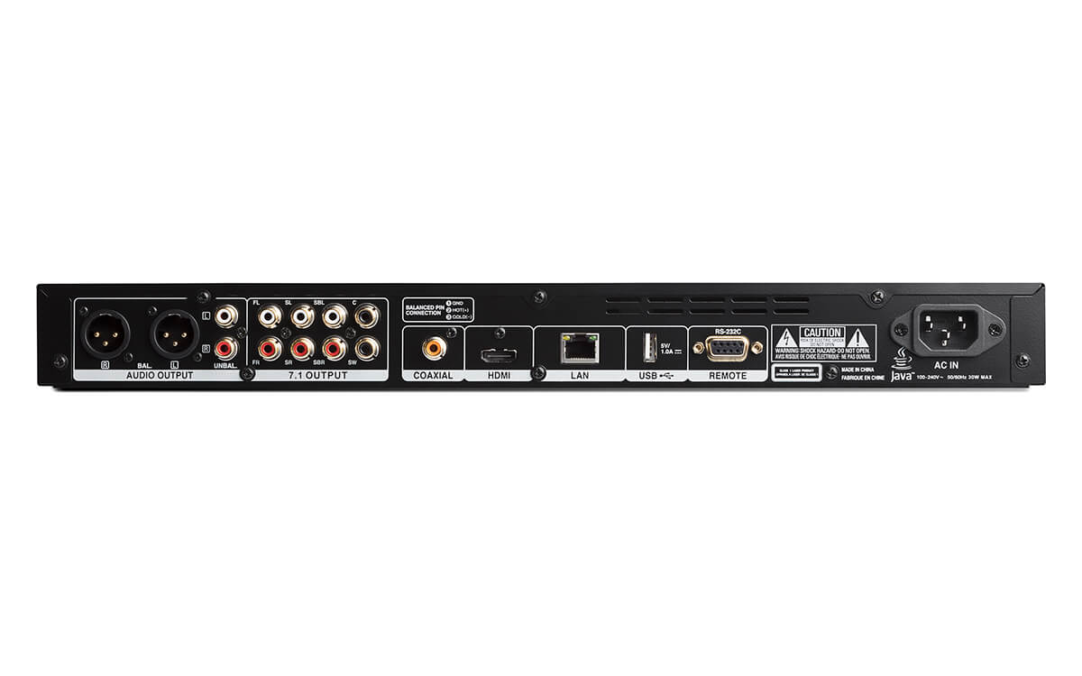 Rear view of the Denon DN-500BD MKII professional Blu-ray, DVD, and audio CD player showcasing its connectivity options including SD, USB, and network ports.