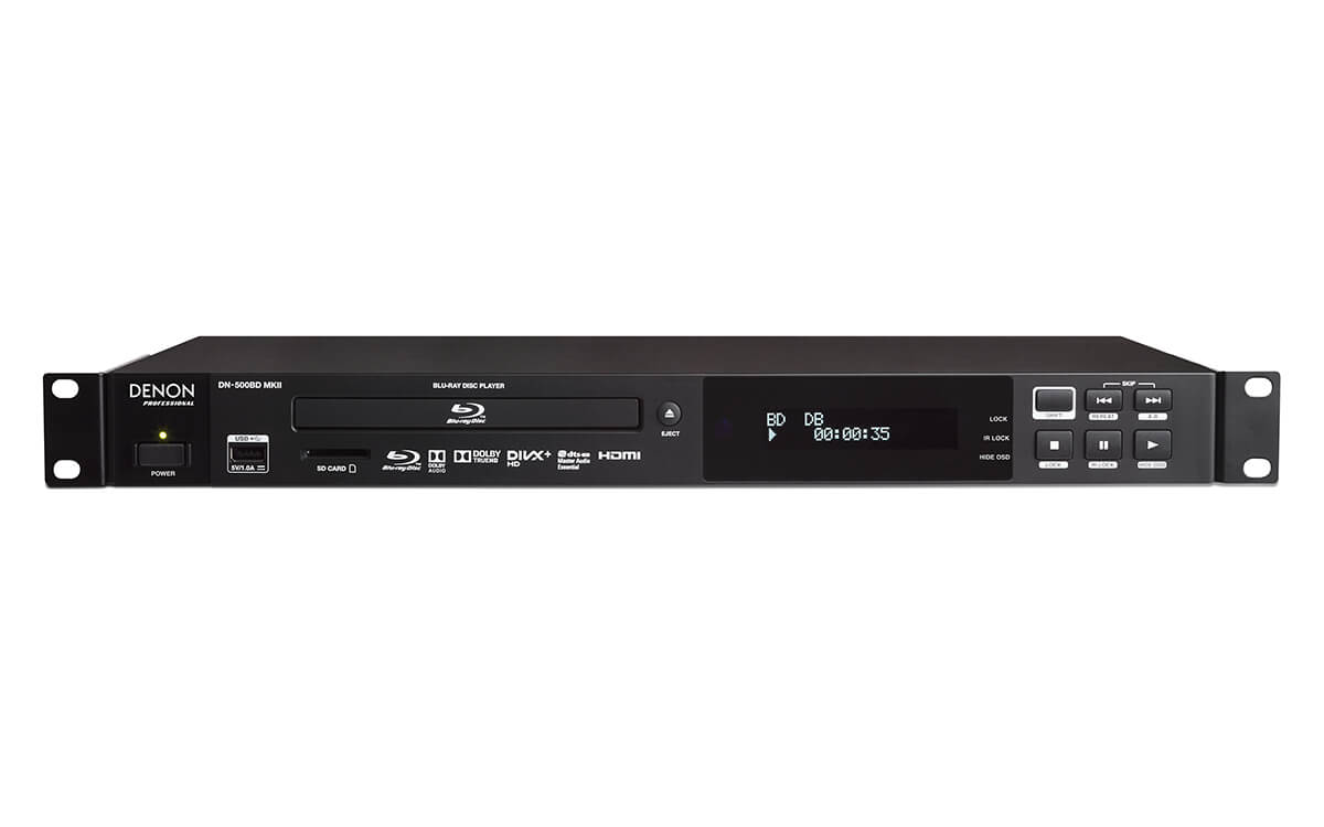 Denon DN-500BD MKII professional Blu-ray, DVD, and audio CD player with SD, USB, and network connectivity.