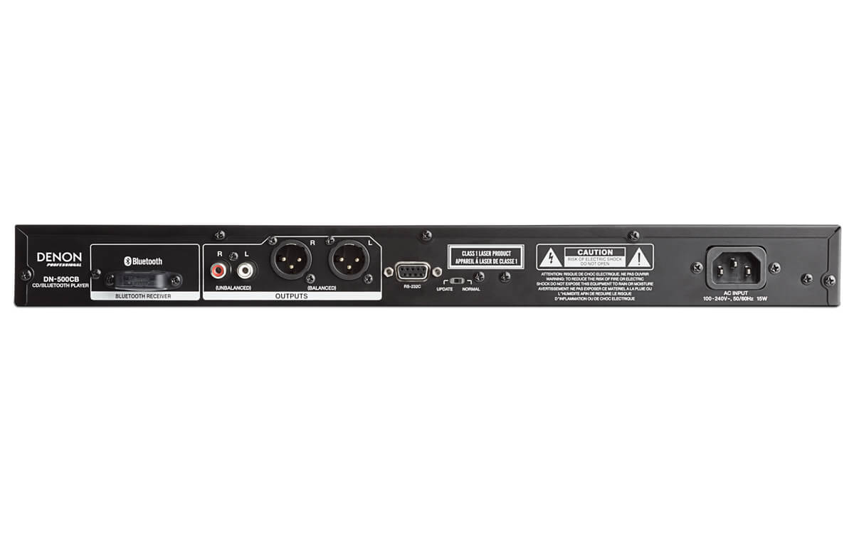 Rear view of the Denon DN-500CB media player showcasing its CD, USB, Bluetooth, and RS-232C control features.
