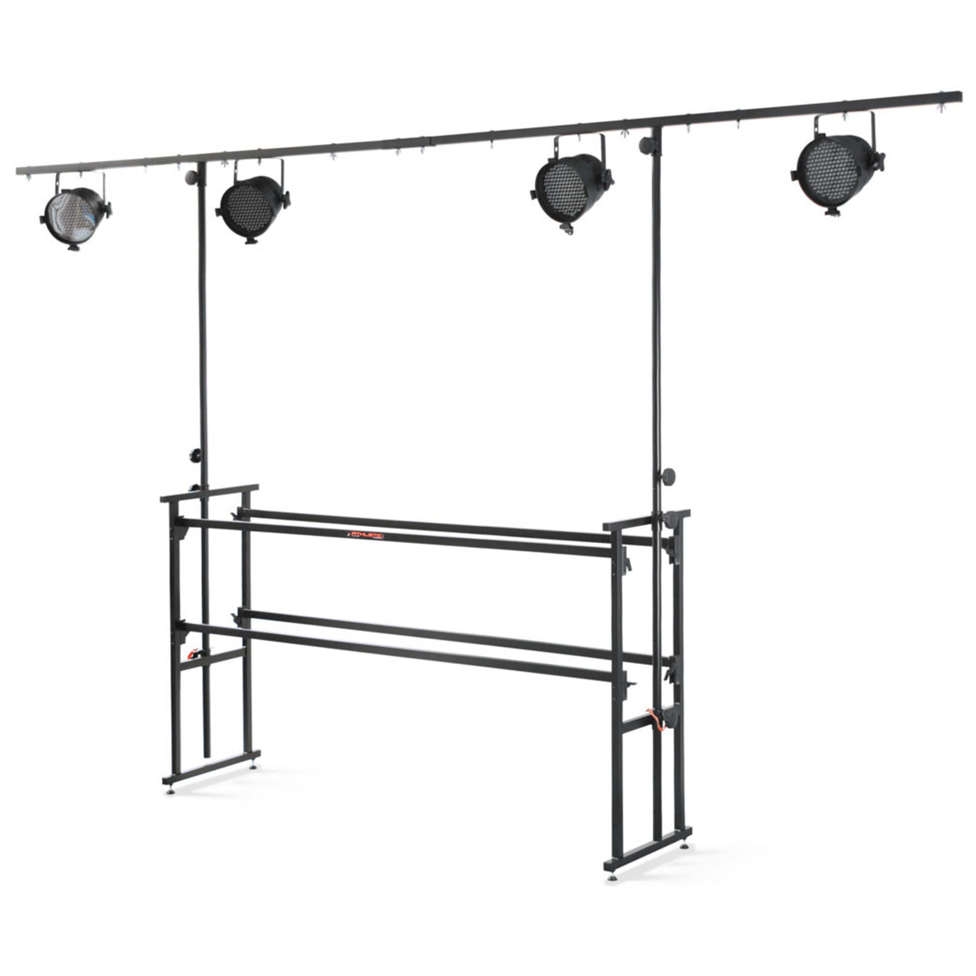 Athletic DJ stand with T-bar, 186cm width, designed for mobile DJs, showcasing its sturdy construction and functionality.