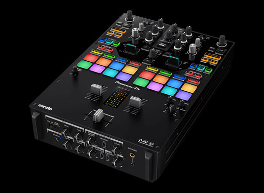 Pioneer DJM-S7 customizable 2-channel battle mixer designed for Serato and Rekordbox, showcasing its angled front view.