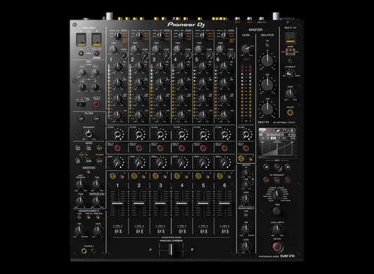 Pioneer DJM-V10 6-Channel Professional DJ Mixer showcasing its sleek design and multiple channels for creative mixing.