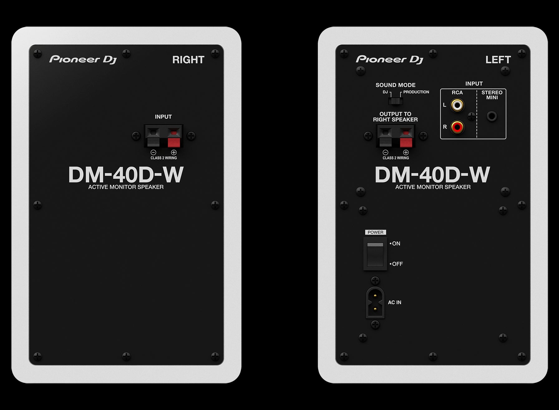 Rear view of the Pioneer DM-40D WH 4" Desktop Monitor Speaker System, showcasing its design and connectivity options for DJing and production.