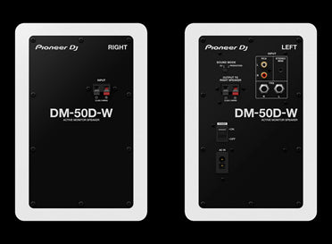 Rear view of Pioneer DM-50D-W 5-inch bi-amped desktop monitor speakers in white.
