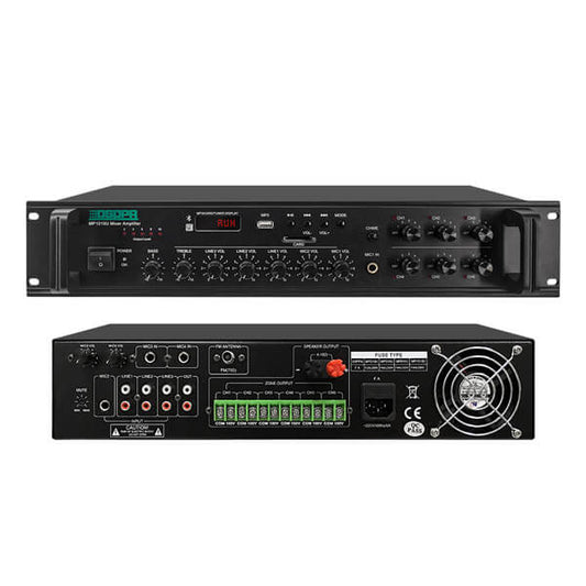 DSPPA MP-1010U BT 350W 6-Zone 100V Line Mixer Amplifier with USB, SD, FM, and Bluetooth features.