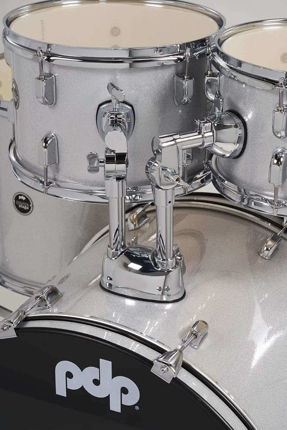 PDP Centerstage 5-Piece Kit with Hardware, Cymbals & Throne in Silver color.