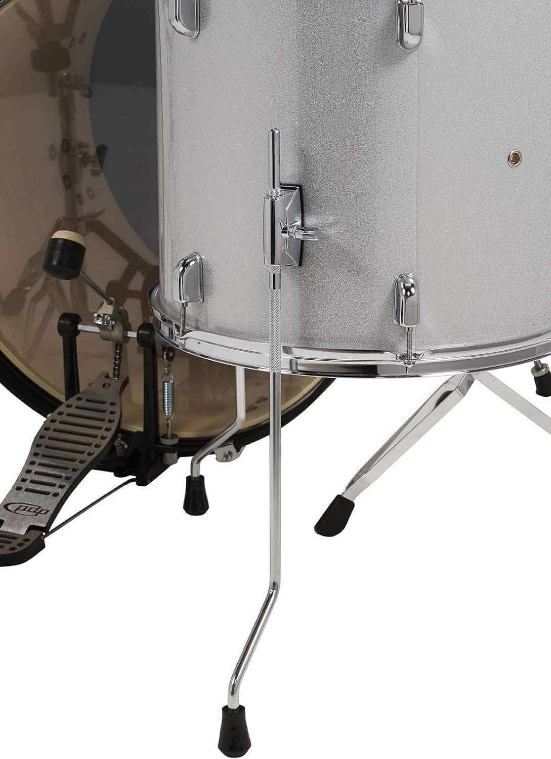PDP Centerstage 5-Piece Kit featuring hardware, cymbals, and throne in a silver finish.