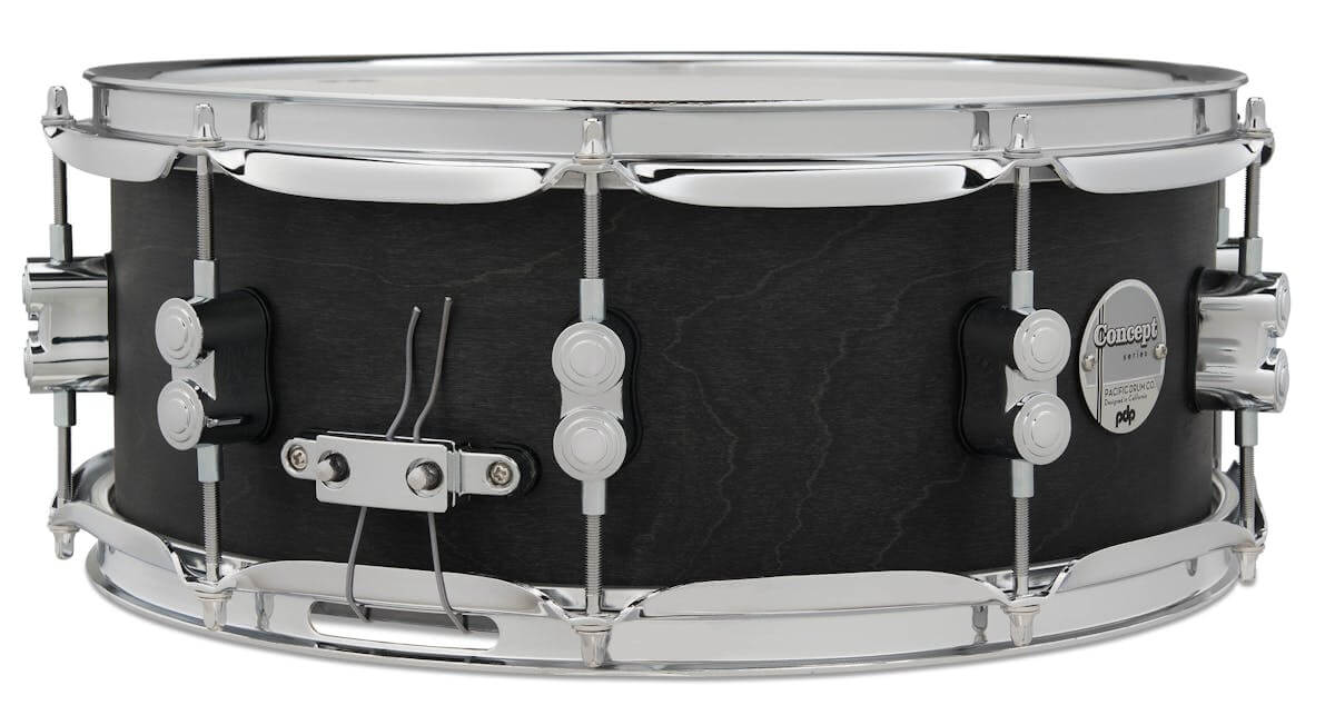 PDP 5.5x14 inch Black Wax Maple Snare Drum with Chrome Hardware displayed on a neutral background.