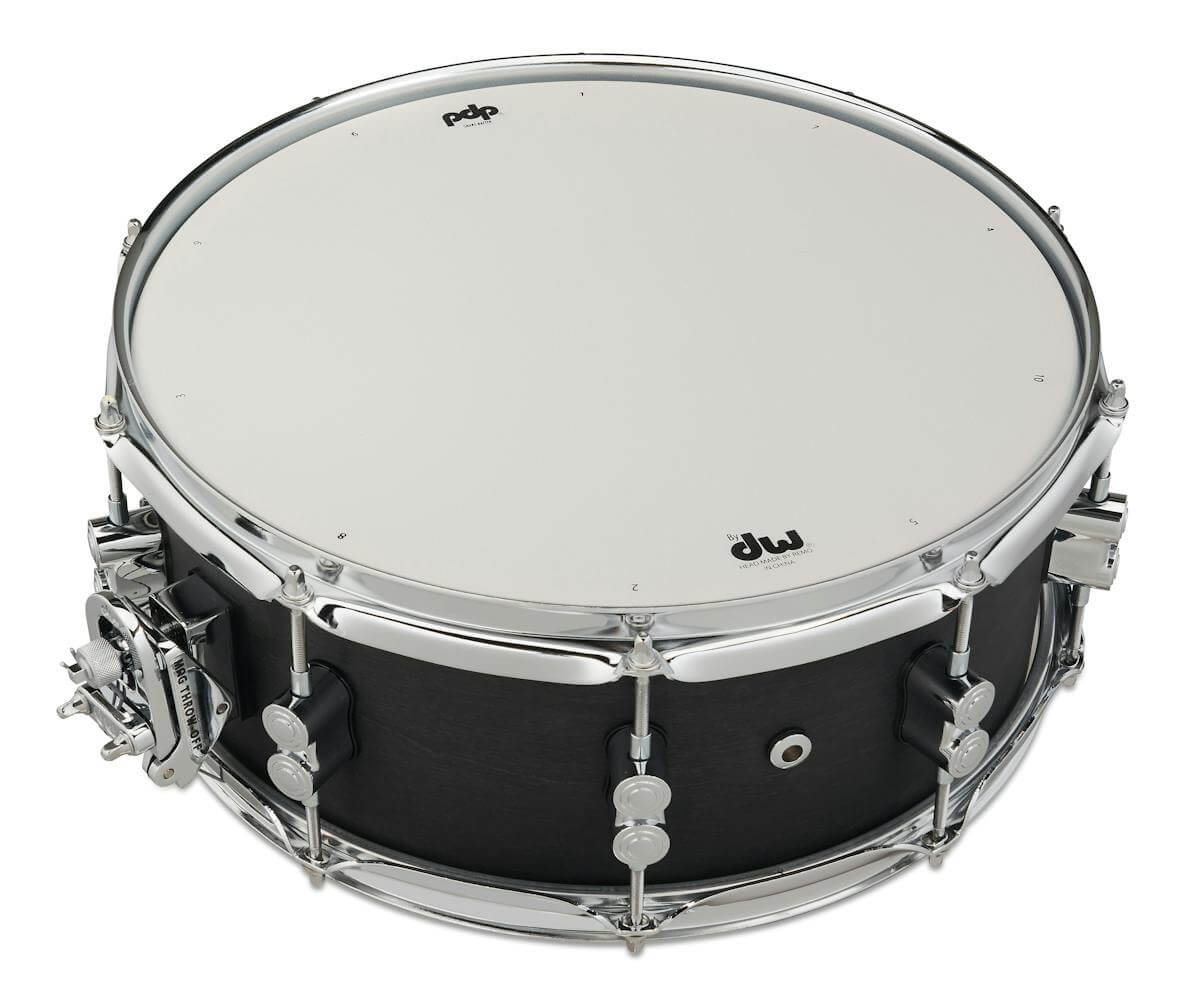 PDP 5.5x14 inch Black Wax Maple Snare Drum with Chrome Hardware displayed on a white background.