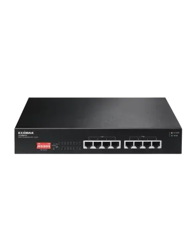 Edimax 8-Port Gb PoE+ Switch with multiple Ethernet ports for network connectivity.