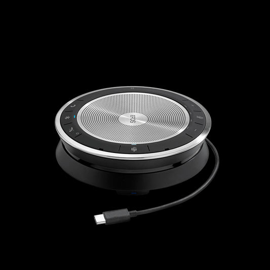 EPOS EXPAND SP 30+ BT Portable Speakerphone in black and silver with included USB adapter, USB cable, and Bluetooth dongle.