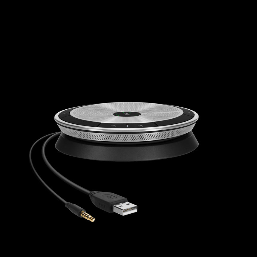 EPOS EXPAND SP 20 Portable Speakerphone in Black and Silver, featuring USB and 3.5mm jack connections.
