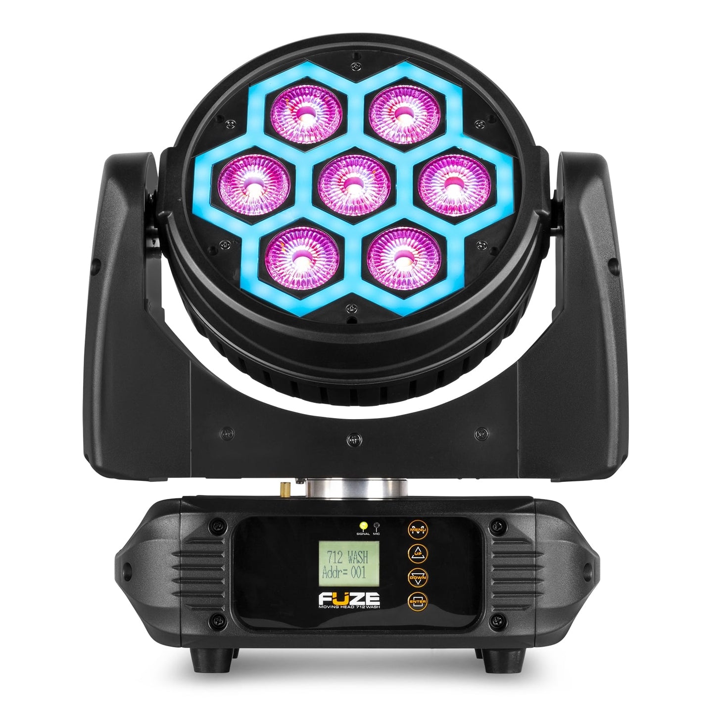 Front view of the Fuze712 LED Wash Moving Head featuring 7x 12W RGBW LEDs with SMD neon effect.