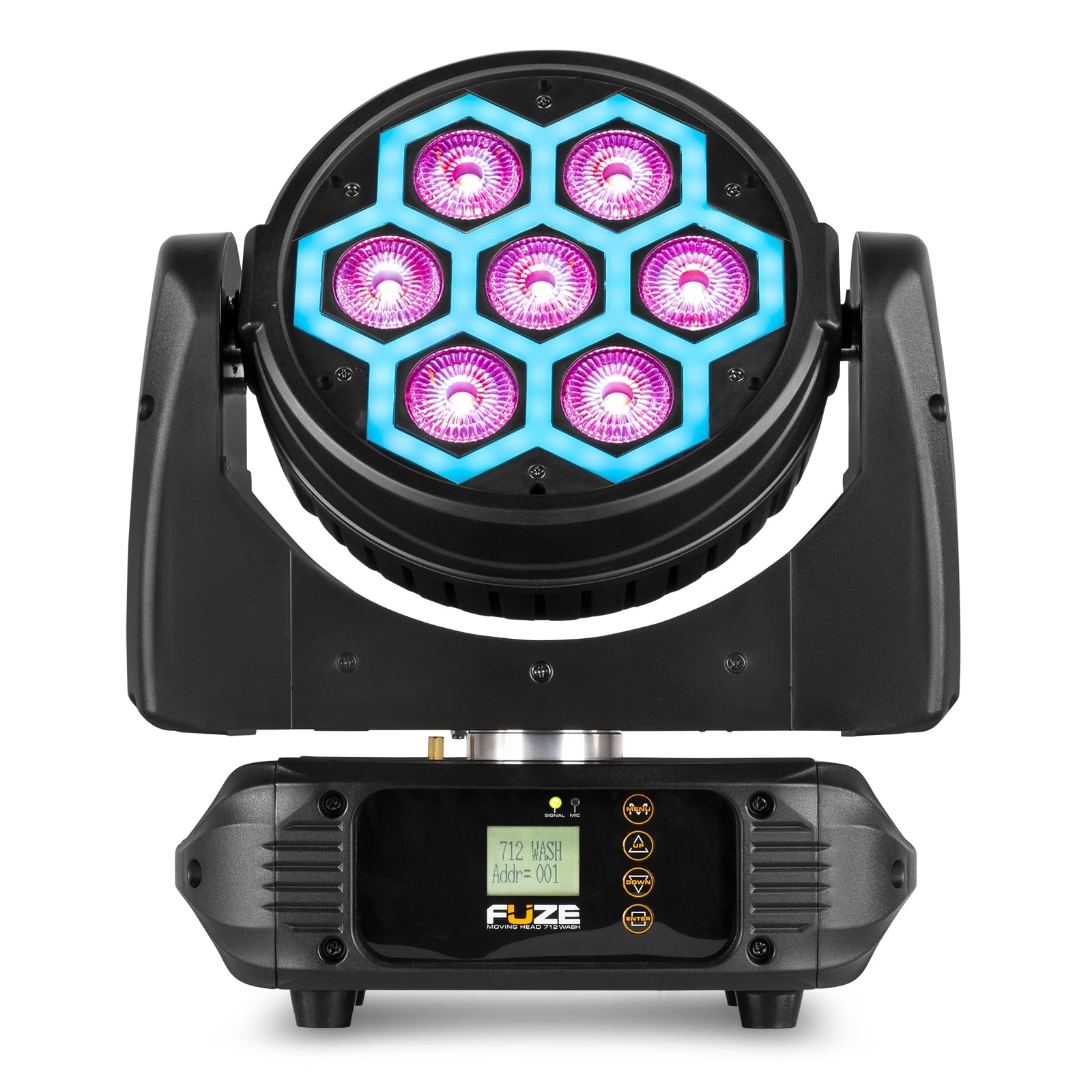 Front view of the Fuze712 LED Wash Moving Head featuring 7x 12W RGBW LEDs with SMD neon effect.