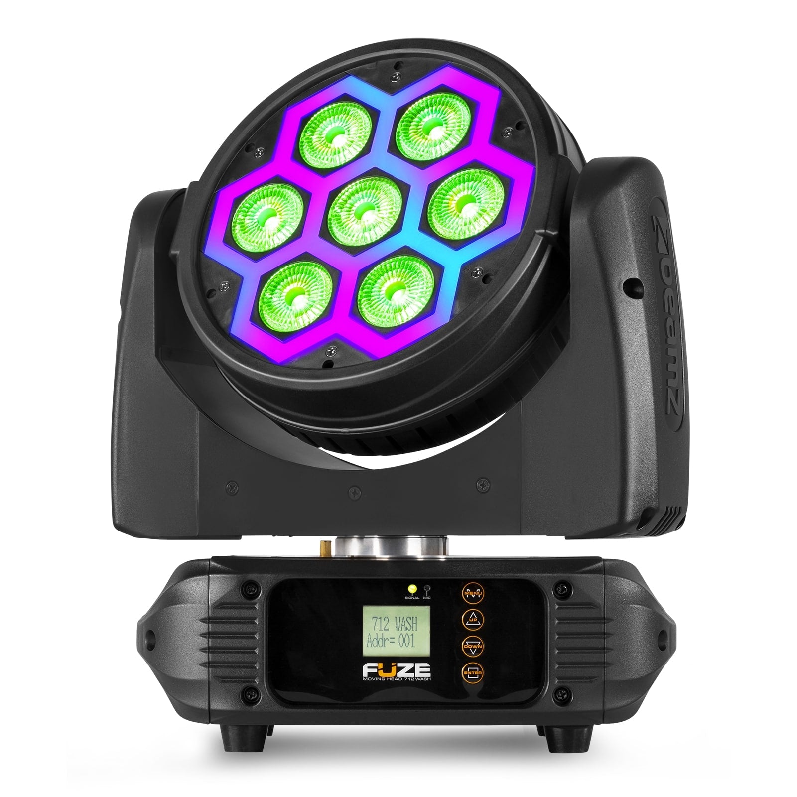 Front view of the Fuze712 LED Wash Moving Head featuring 7x 12W RGBW LEDs with SMD neon effect.