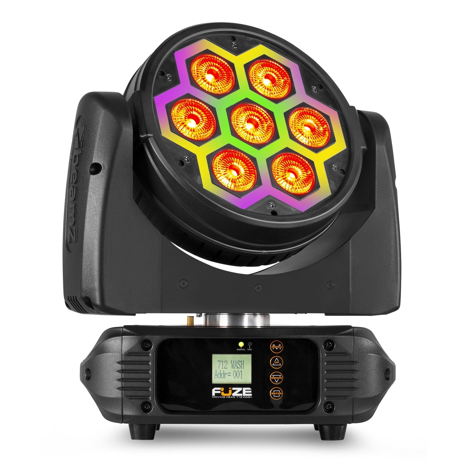 Front view of the Fuze712 LED Wash Moving Head featuring 7x 12W RGBW LEDs with SMD neon effect.
