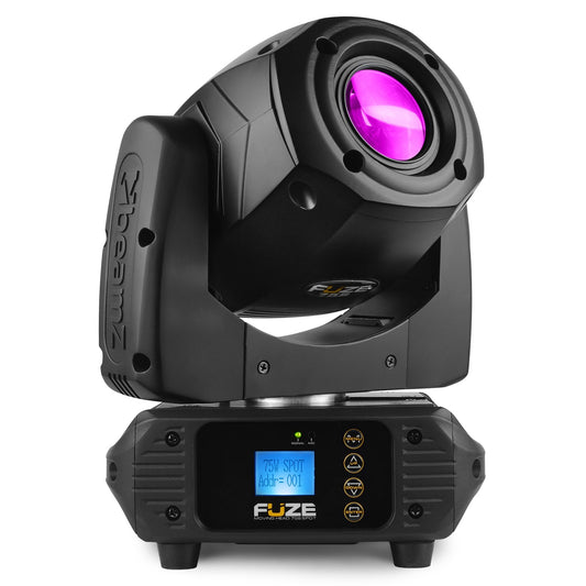 Front view of the Fuze75S LED Spot Moving Head featuring a 75W white LED with interchangeable gobos and multiple DMX channels in Purple.
