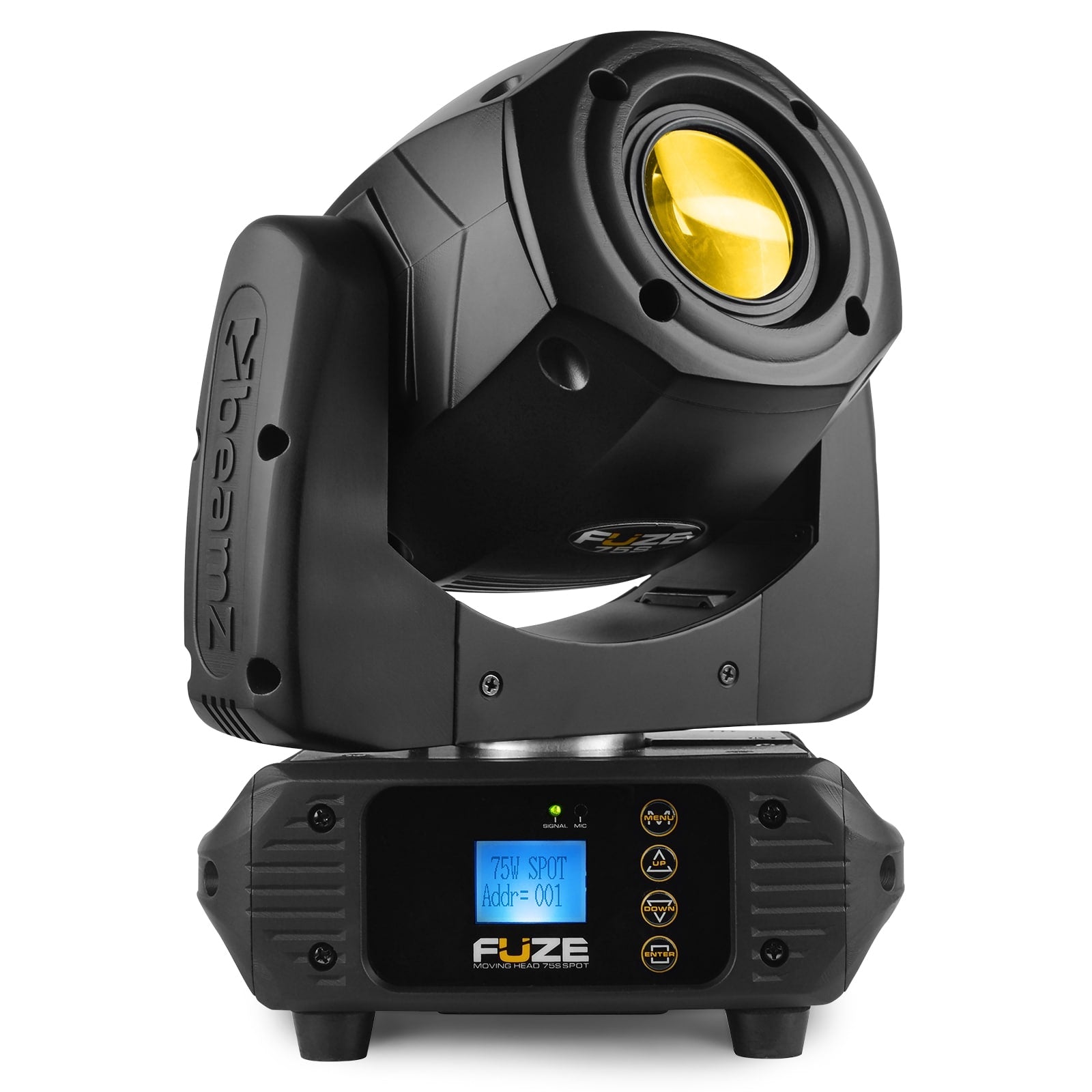 Front view of the Fuze75S LED Spot Moving Head featuring a 75W white LED with interchangeable gobos and multiple DMX channels in Yellow.