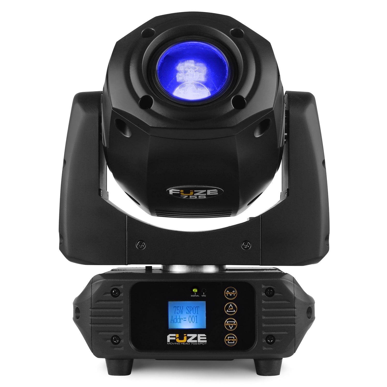 Front view of the Fuze75S LED Spot Moving Head featuring a 75W white LED with interchangeable gobos and multiple DMX channels in Blue.