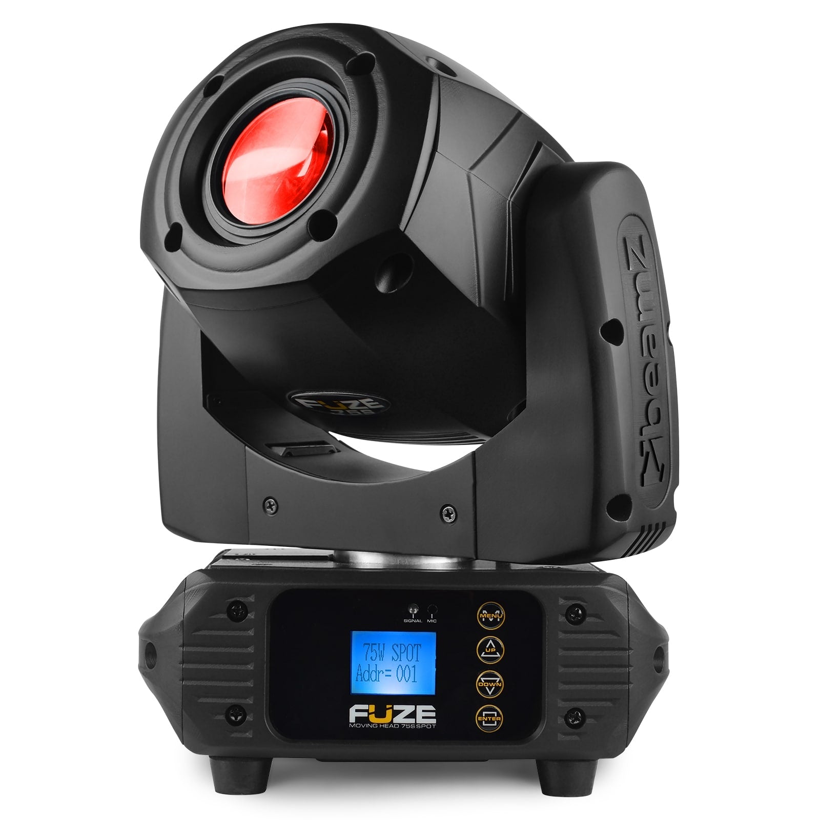 Front view of the Fuze75S LED Spot Moving Head featuring a 75W white LED with interchangeable gobos and multiple DMX channels in Red.