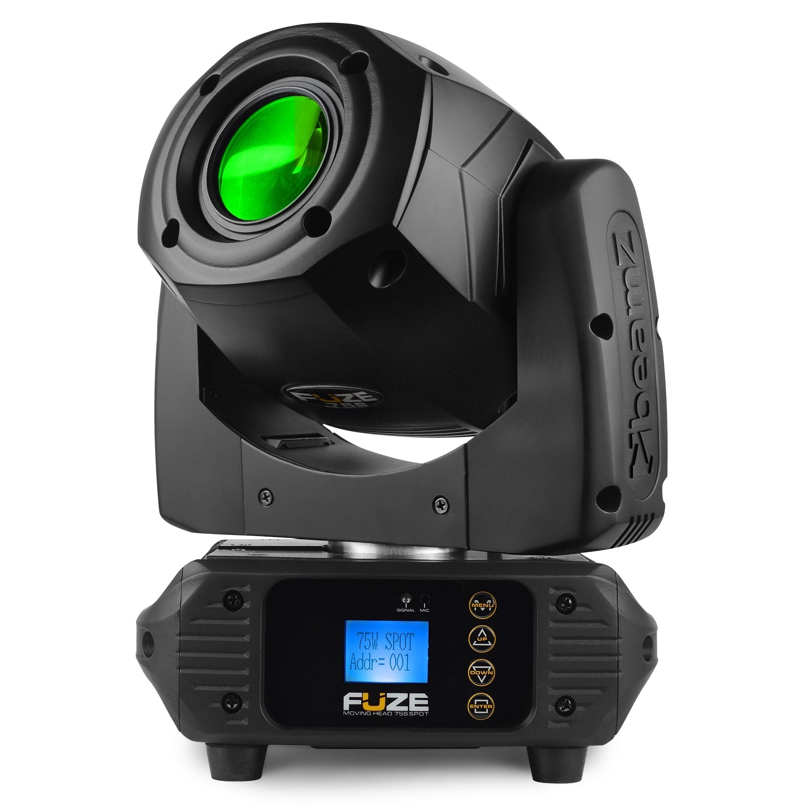 Front view of the Fuze75S LED Spot Moving Head featuring a 75W white LED with interchangeable gobos and multiple DMX channels in Green.