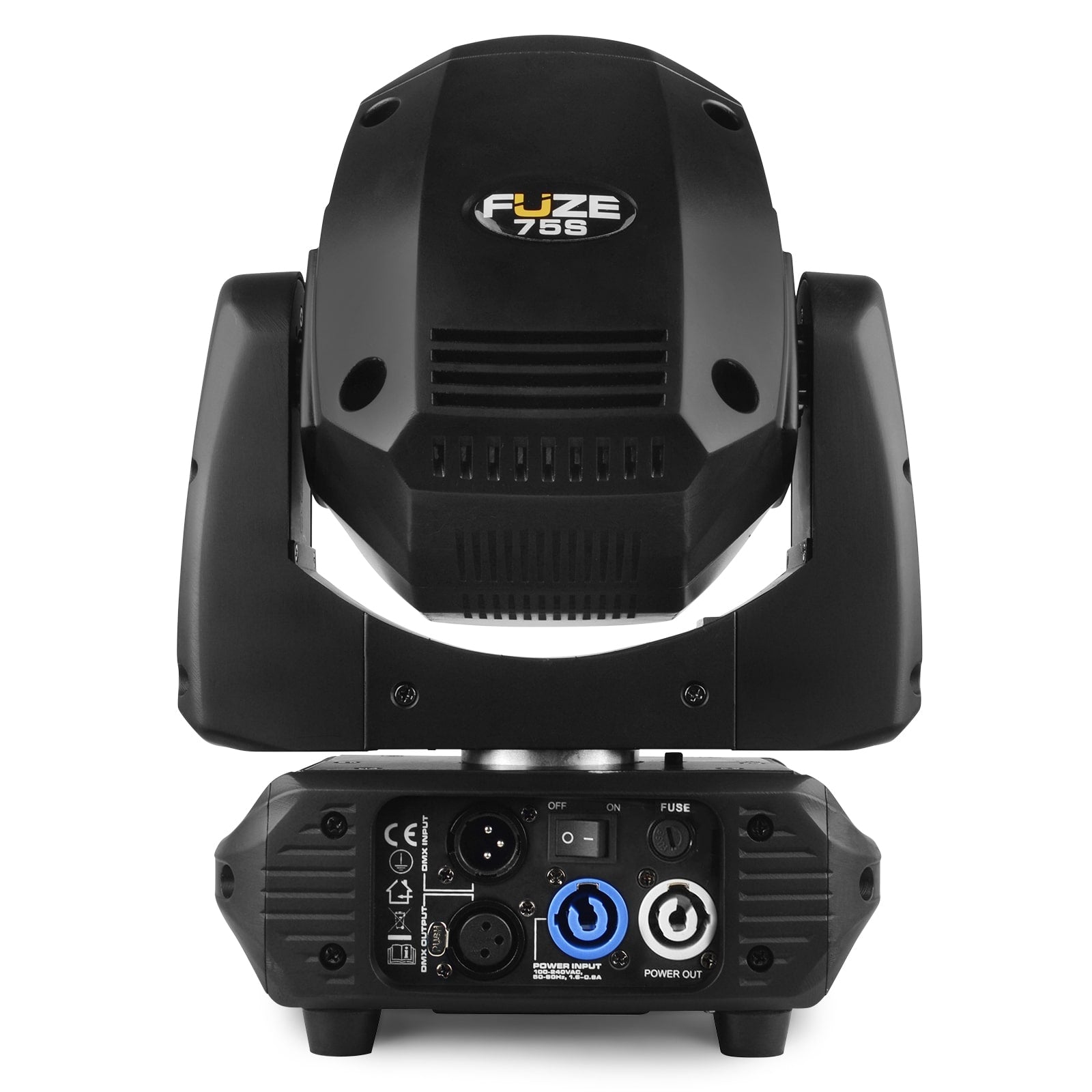 Back view of the Fuze75S LED Spot Moving Head featuring a 75W white LED with interchangeable gobos and multiple DMX channels.