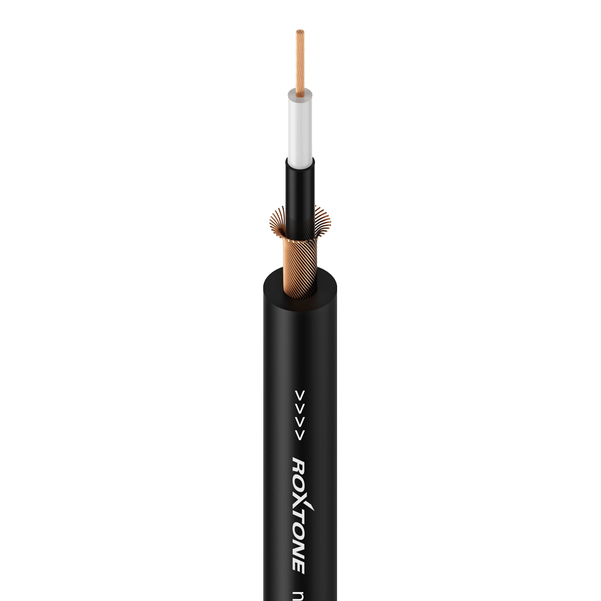 ROXTONE 100M Single Core Screened Instrument Cable in black color with a 6.0mm outer diameter.