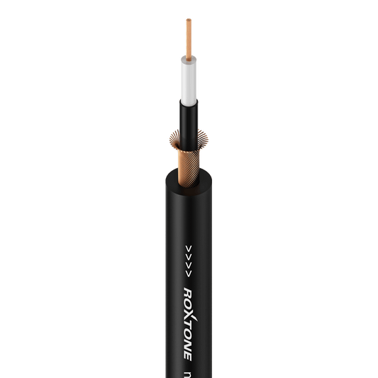 ROXTONE 100M Single Core Screened Instrument Cable in black color with a 6.0mm outer diameter.