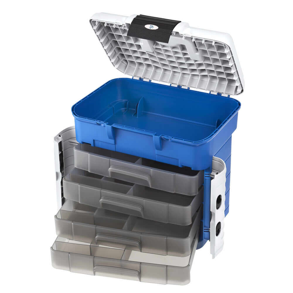 Panaro SP PAN 503 Superbox in blue, white, and grey with lid compartments and four drawers, ideal for organizing tackle and tools.