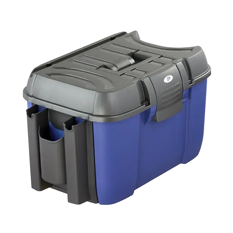 SP PAN 169ROD Fishing Tackle Box in blue and grey with a rod holder, made of polypropylene.