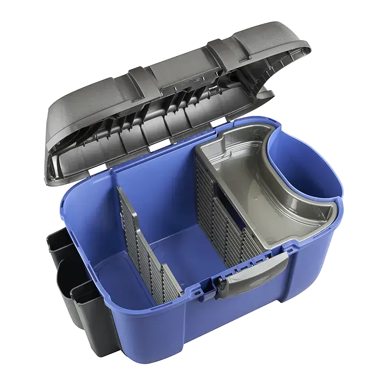 SP PAN 169ROD Fishing Tackle Box in blue and grey with a rod holder, made of durable polypropylene.