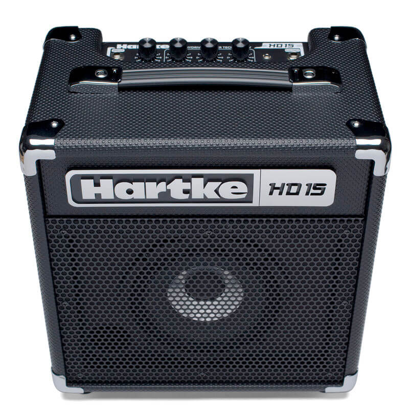 Hartke HD15 15W Bass Combo amplifier featuring a 6.5-inch HyDrive speaker, aux input, and headphone output.