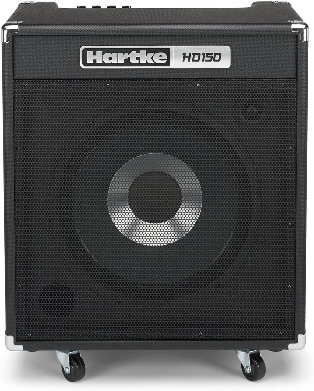 Hartke HD150 150W bass combo amplifier featuring a 12-inch HyDrive speaker, 1-inch tweeter, 7-band EQ, dual 1/4 inch inputs, aux input, and headphone output.