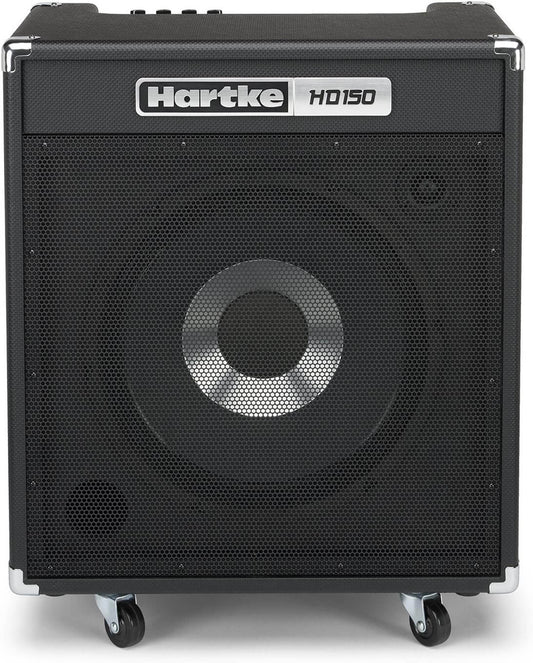 Hartke HD150 150W bass combo amplifier featuring a 12-inch HyDrive speaker, 1-inch tweeter, 7-band EQ, dual 1/4 inch inputs, aux input, and headphone output.