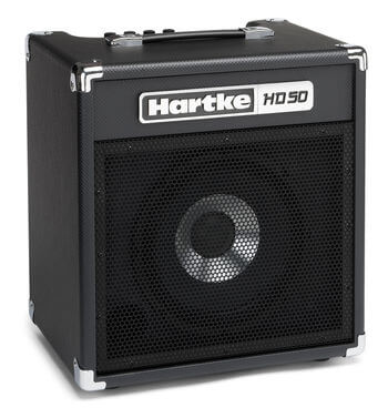 Hartke HD50 - 50W Bass Combo amplifier with a 10-inch HyDrive speaker, featuring 1/4-inch input, aux input, and headphone output, shown from an angled perspective.