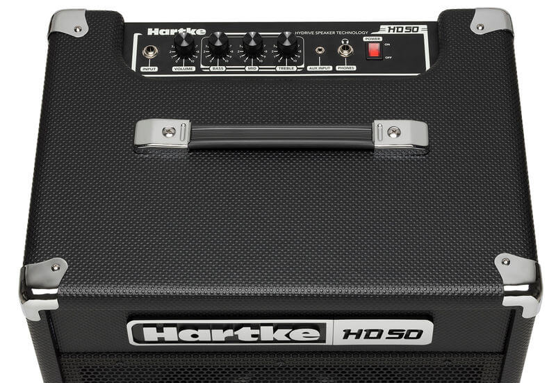 Hartke HD50 bass combo amplifier featuring a 50W output, 10-inch HyDrive speaker, 1/4-inch input, aux input, and headphone output.