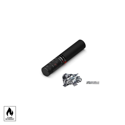 MAGICFX Handheld Confetti Cannon Pro, a silver metallic shooter, designed for creating vibrant confetti bursts at events.